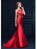 Beaded Red Lace Satin Keyhole Back Fantastic Evening Dress 